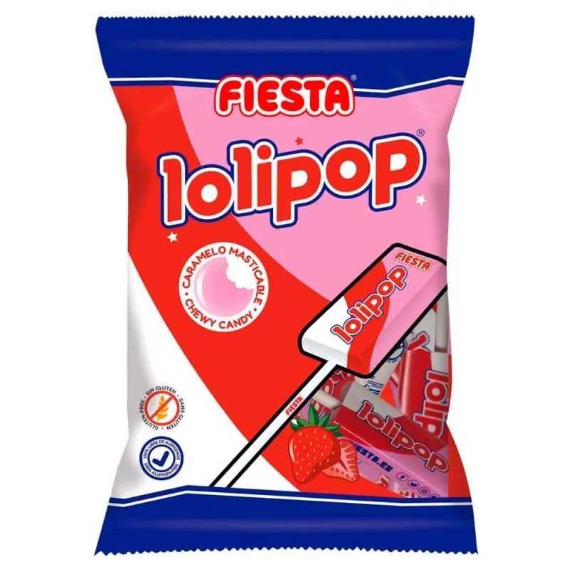 Lolipop Fresa Fiesta bolsa de 7 Caramelos masticables con palo  Sabor fresa