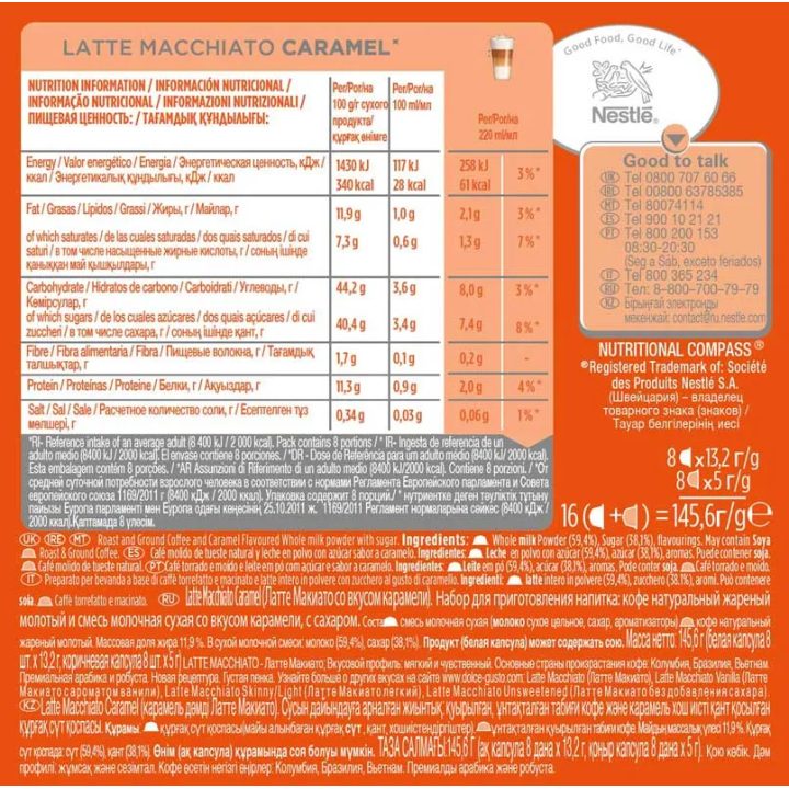 Valor energetico Latte Macchiato Caramel, Dolce Gusto, 8+8 uds