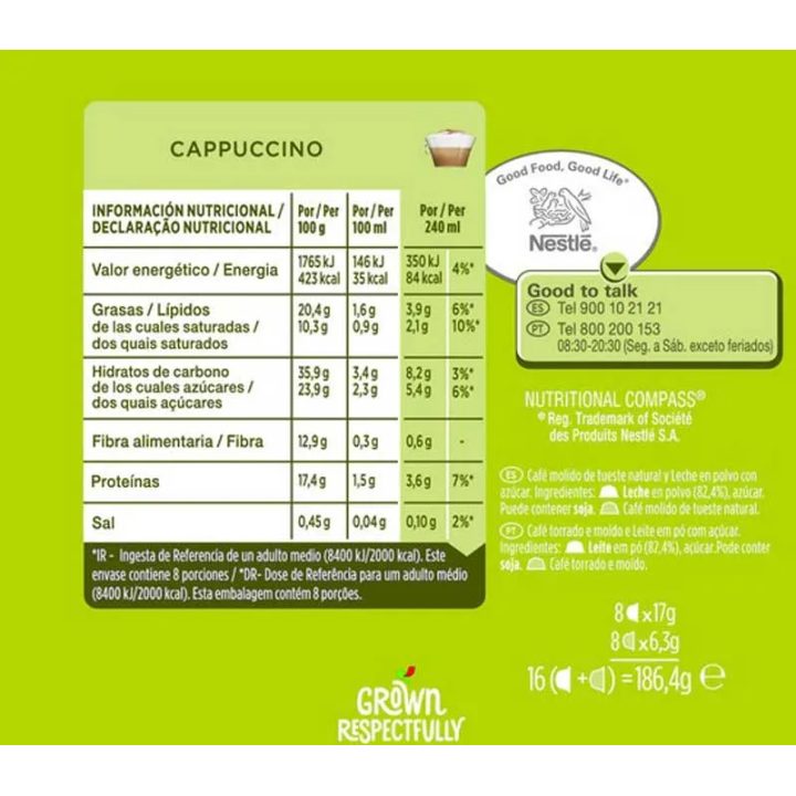 Valor energetico Cappuccino 24 servicios. Pack 48 cápsulas Dolce Gusto