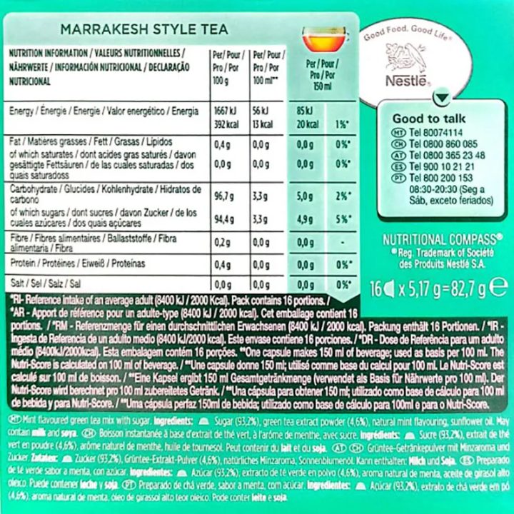 Valor energetico Marrakesh Style Tea 16 unidades  Dolce Gusto