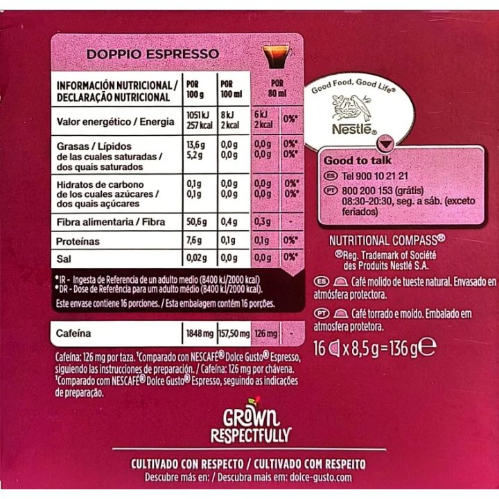 Valor energetico Doppio Espresso  Dolce Gusto 3 cajas de 16 unidades Vietnam y Sudamerica