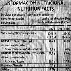 Valor energetico 10 Gofres con chocolate. Envasados individualmente.