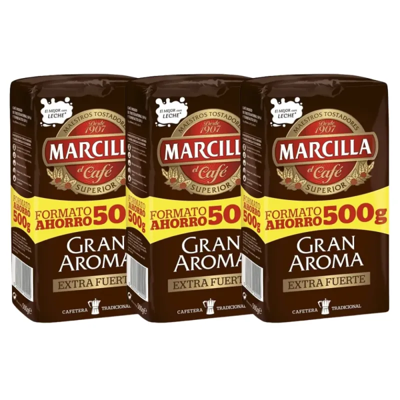 Pack de 3 Marcilla molido Gran Aroma Extra Fuerte, Formato Ahorro 500 gramos Pack de 3 Marcilla molido Gran Aroma Extra Fuerte, Formato Ahorro 500 gramos