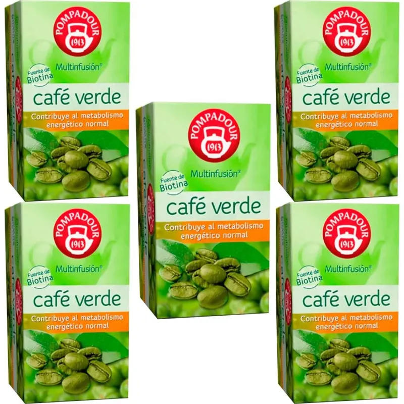5 cajas de Infusión de café Verde Pompadour 20 bolsitas, contribuye al metabolismo normal 8412900708207 5 cajas de Infusión de café Verde Pompadour 20 bolsitas, contribuye al metabolismo normal 8412900708207