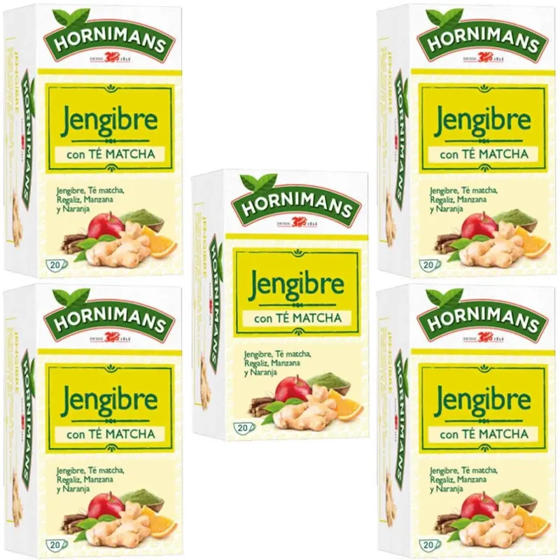 5 cajas de Infusión de Jengibre con Té Matcha, Regaliz, Manzana y Naranja 20 bolsitas Hornimans 8711000441183