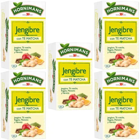 5 cajas de Infusión de Jengibre con Té Matcha, Regaliz, Manzana y Naranja 20 bolsitas Hornimans 8711000441183