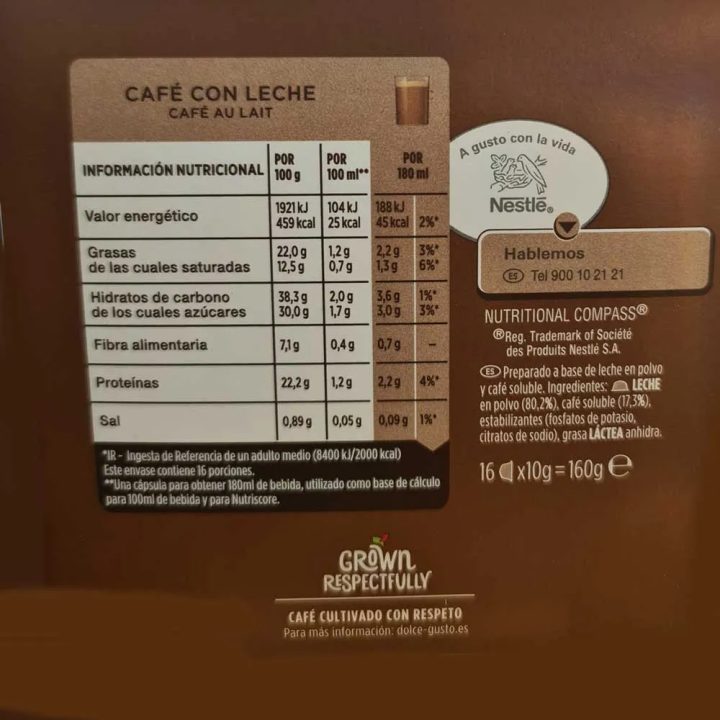 Valor energético Café con leche Dolce Gusto