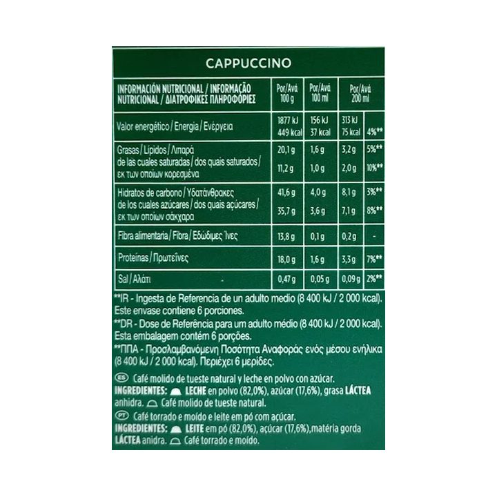 valor energético Cappuccino Starbucks compatible Dolce Gusto