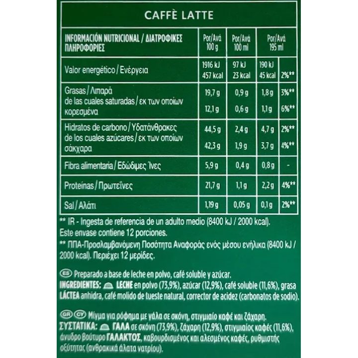 Valor nutricional Caffè Latte Starbucks Dolce Gusto