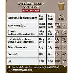 Valor Energético Descafeinado Café con leche 16U. Dolce Gusto