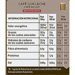 Valor Energético Descafeinado Café con leche 16U. Dolce Gusto