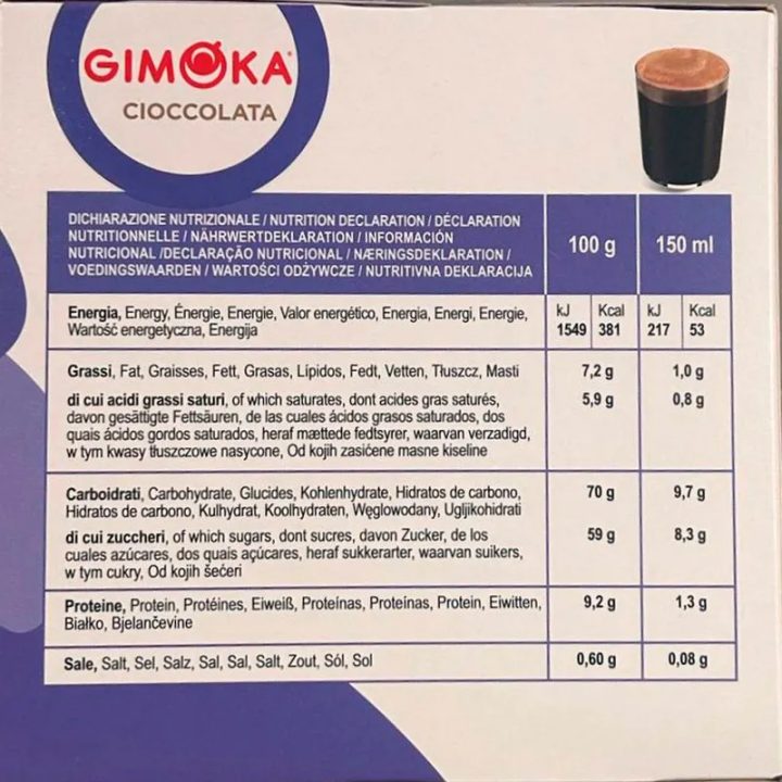 valor nutricional chocolate gimoka dolce gusto compatible 16 cápsulas.