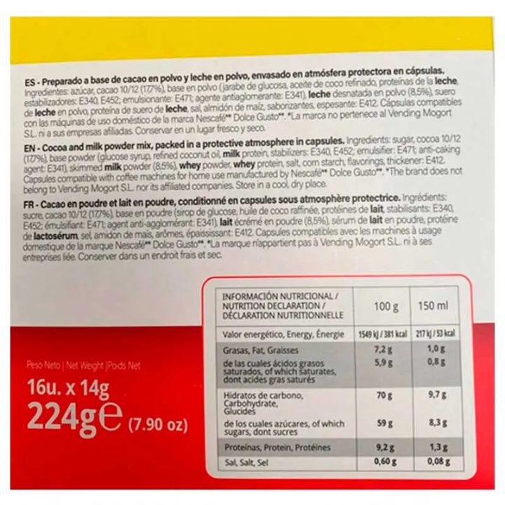 composicion Chocolate compatibles con Dolce Gusto Kfetea 16 cápsulas