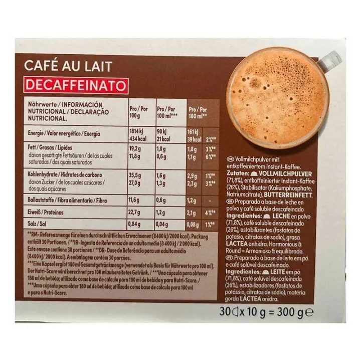 VALOR NUTRICIONAL CAFÉ CON LECHE MAGNUM DOLCE GUSTO ORIGINAL