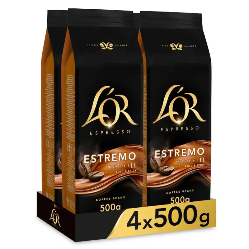 ESTREMO Espresso 4 paquetes de 500 gr. Café en grano L'or INTENSIDAD 11 ESTREMO Espresso 4 paquetes de 500 gr. Café en grano L'or INTENSIDAD 11