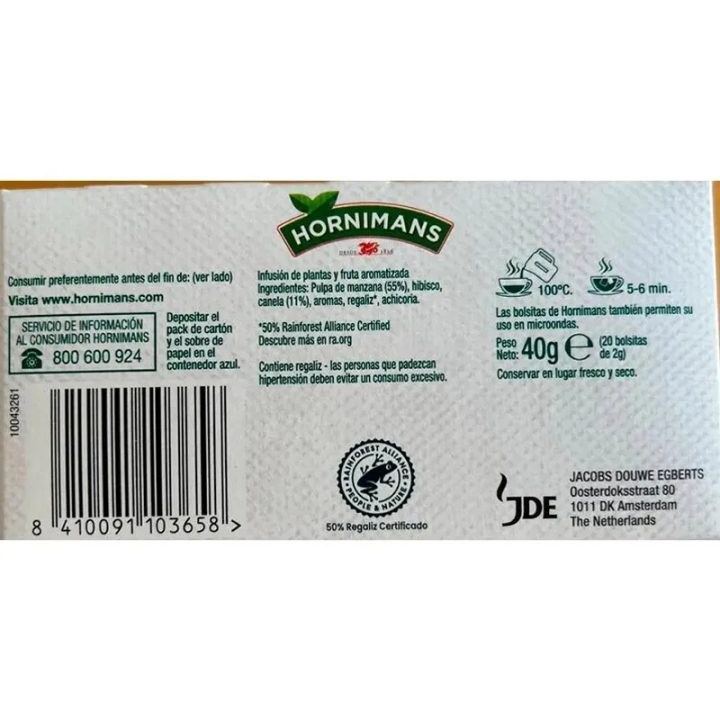 VALOR NUTRICIONAL INFUSIONES MANZANA Y CANELA HORNIMANS