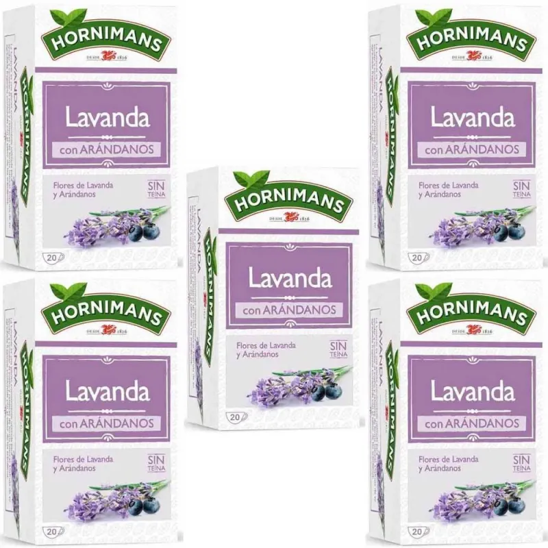 5 cajas de Flores de Lavanda con Arándanos sin teína Hornimans 20 sobres 8410091074248 5 cajas de Flores de Lavanda con Arándanos sin teína Hornimans 20 sobres 8410091074248