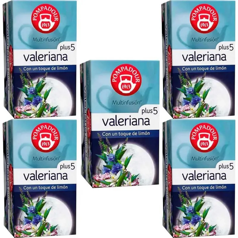 5 cajas de Valeriana Plus 5 de Pompadour, con sabor a limón 20 bolsitas 8412900401085 5 cajas de Valeriana Plus 5 de Pompadour, con sabor a limón 20 bolsitas 8412900401085
