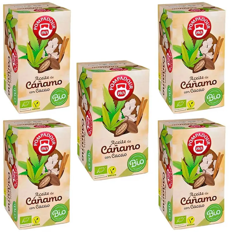 5 cajas de Aceite de cáñamo con Cacao 20 Infusiones ecológicas Pompadour 8412900709914 5 cajas de Aceite de cáñamo con Cacao 20 Infusiones ecológicas Pompadour 8412900709914
