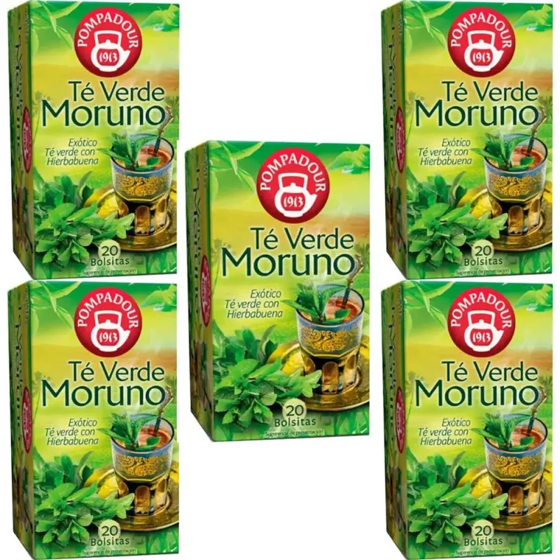 5 cajas de  Té verde Moruno con Hierbabuena Pompadour 20 infusiones 8412900401023
