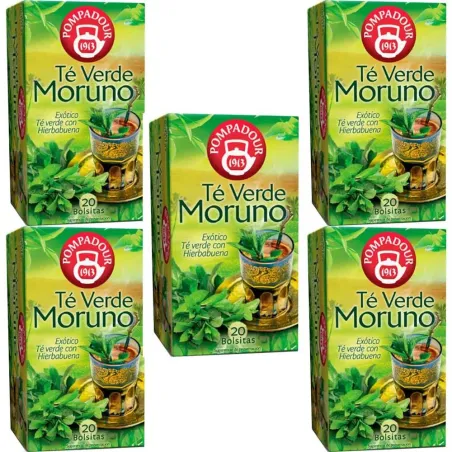 5 cajas de  Té verde Moruno con Hierbabuena Pompadour 20 infusiones 8412900401023