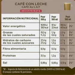 VALOR NUTRICIONAL CAFÉ CON LECHE DESCAFEINADO DOLCE GUSTO