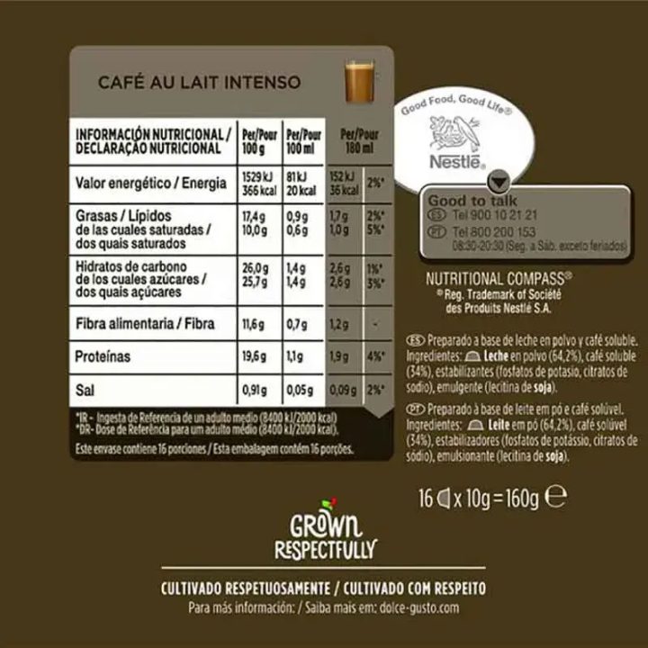 Valor energetico  Café con Leche Intenso 6 cajas de 16 cápsulas Dolce Gusto Nescafé