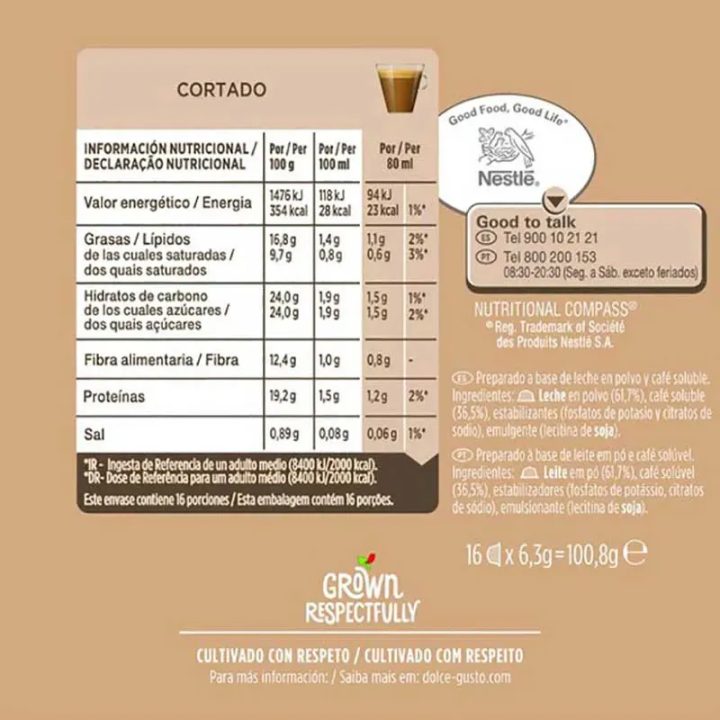 Valor energético Café Cortado Dolce Gusto