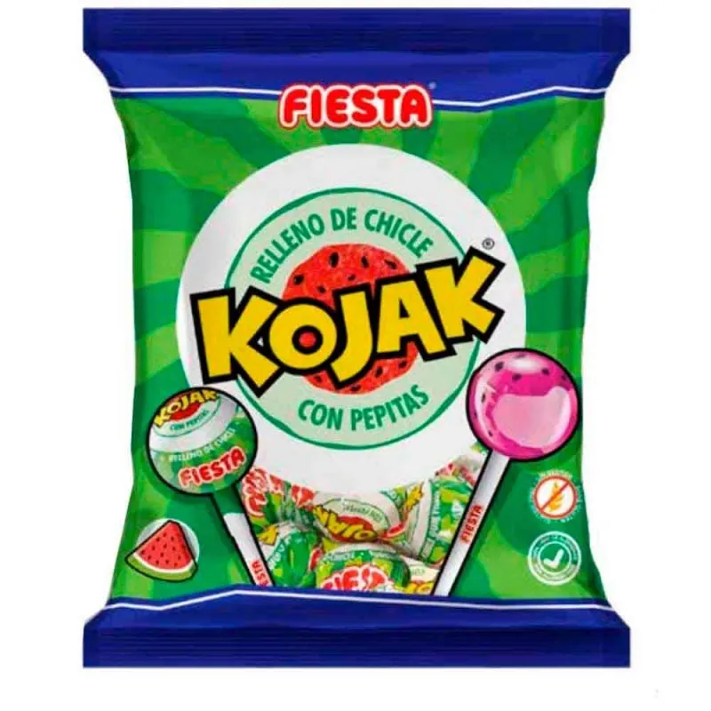 Kojak Sandia con pepitas 7 Caramelos con palo relleno de chicle Sabor sandía Kojak Sandia con pepitas 7 Caramelos con palo relleno de chicle Sabor sandía