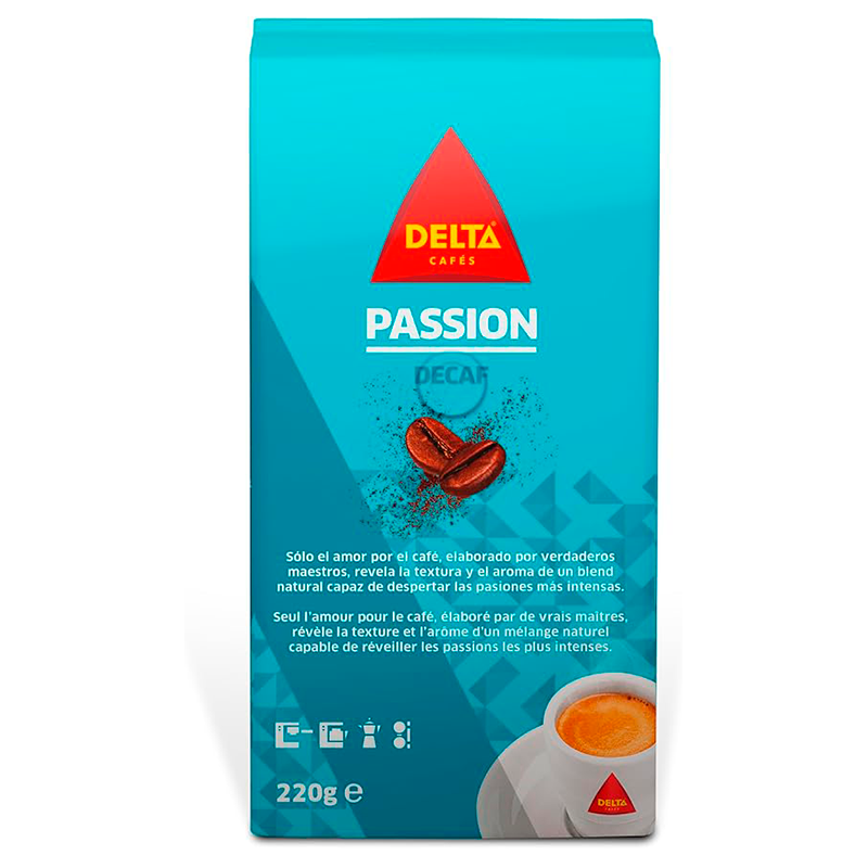 Passion Descafeinado Café Molido 220 gr Delta Cafés envasado al vacío Passion Descafeinado Café Molido 220 gr Delta Cafés envasado al vacío