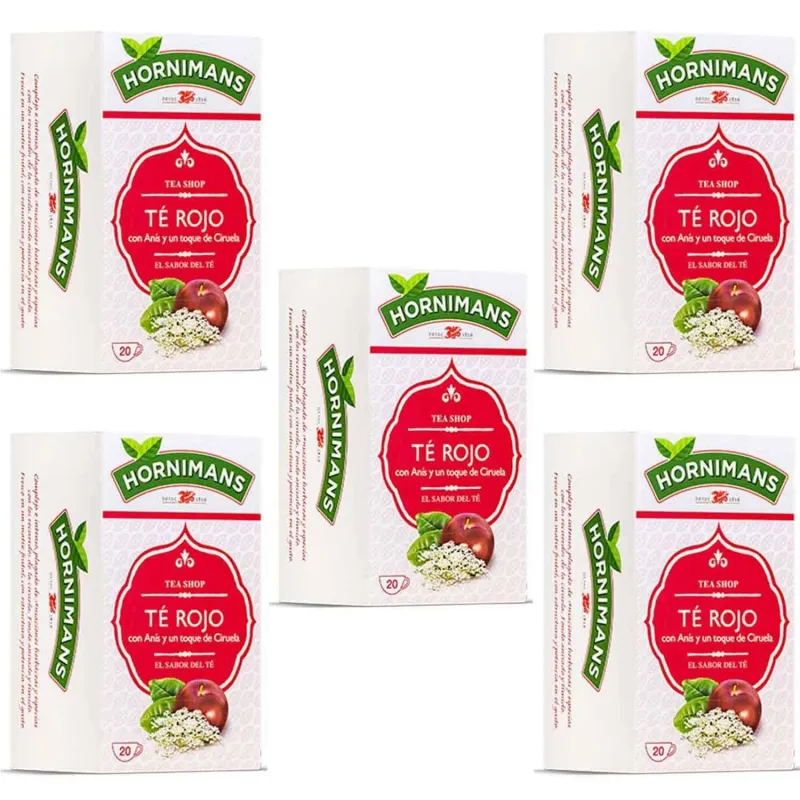 5 cajas Te rojo con Anis y ciruelas 5 cajas Hornimans 20 infusiones