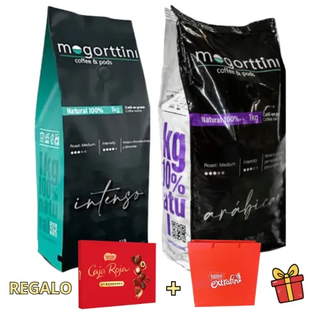 2 kg de Café en grano Mogorttini - 1kg Blend Intenso y 1 kg Selección de Arábicas + REGALO Caja Roja y Bolsa Nestle
