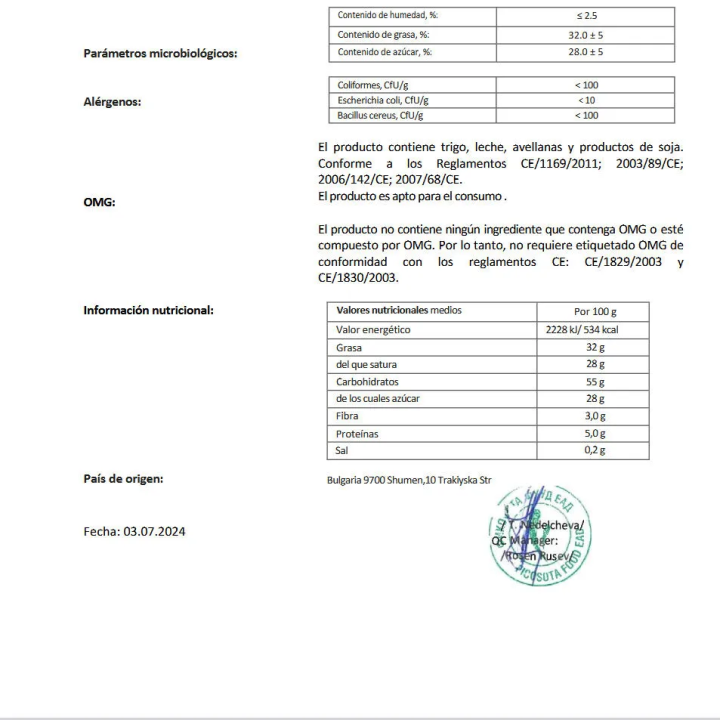 componentes 20 Obleas de cacao con relleno de cacao y avellanas de 30 Gr