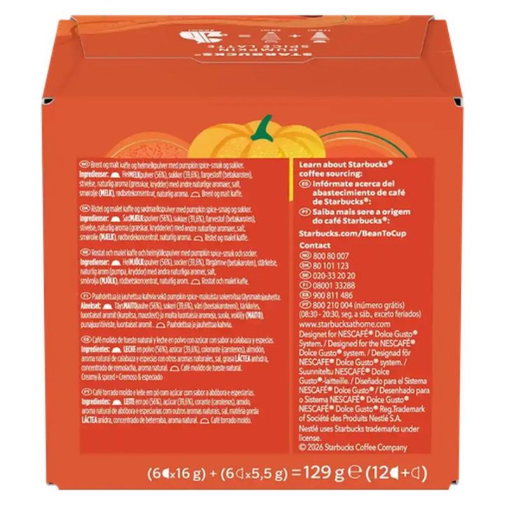 Ingredientes e información nutricional Pumpkin Spice Latte Starbucks Dolce Gusto