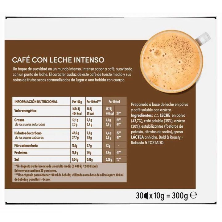 ingredientes Cafe au Lait Intenso Magnum 30 capsulas Dolce Gusto · Cafe con leche con mas cuerpo