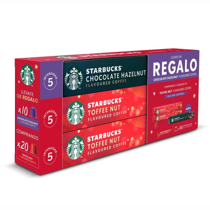Lote Starbucks para Nespresso · Toffee Nut y Chocolate Hazelnut + tubo de regalo · 30 cápsulas