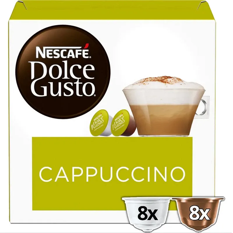 Cappuccino en cápsulas 8 bebidas. Dolce Gusto, esta bebida utiliza 2 cápsulas. Cappuccino en cápsulas 8 bebidas. Dolce Gusto, esta bebida utiliza 2 cápsulas.