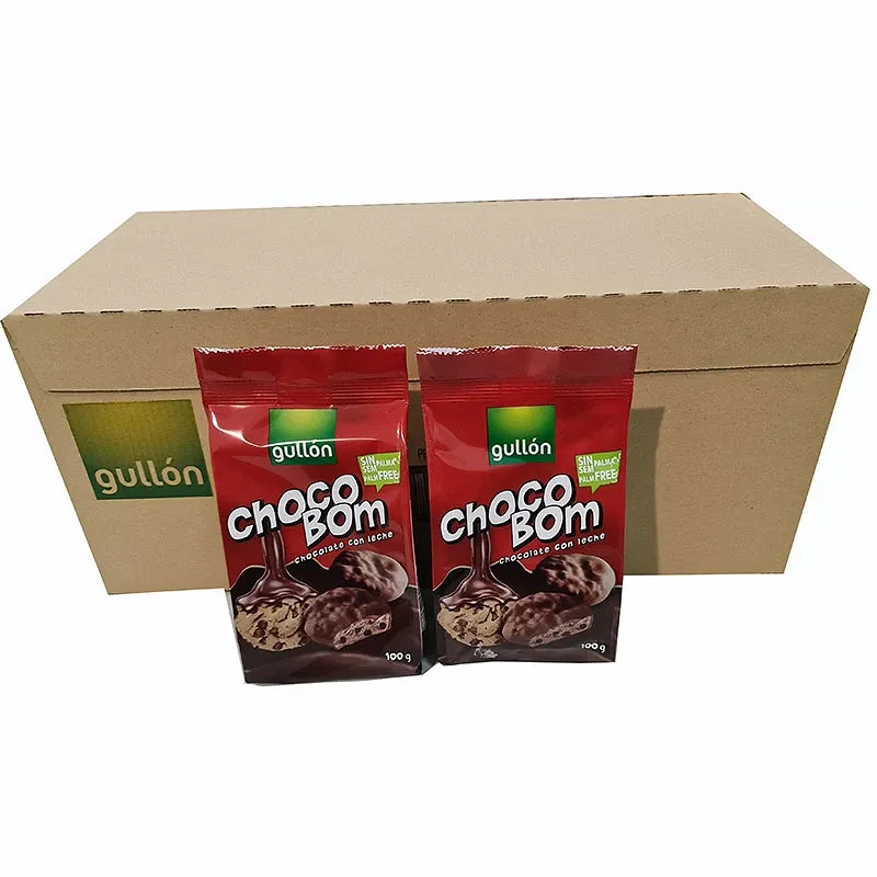 ChocoBom Chocolate con leche caja 12 bolsas de 100 gramos galletas Gullón ChocoBom Chocolate con leche caja 12 bolsas de 100 gramos galletas Gullón