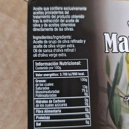 etiqueta Aceite Marzoliva suave, aceite de Sansa de oliva,