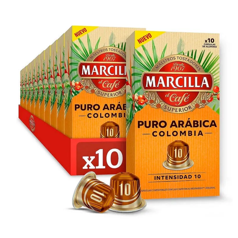 10 cajas Marcilla Puro Arábica Colombia 10 cápsulas de aluminio compatibles Nespresso 10 cajas Marcilla Puro Arábica Colombia 10 cápsulas de aluminio compatibles Nespresso
