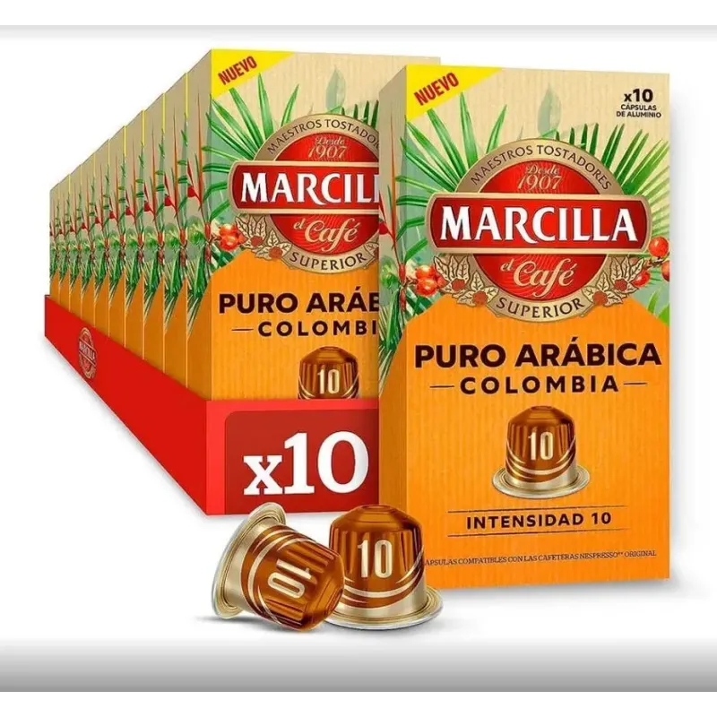 10 cajas Marcilla Puro Arábica Colombia 10 cápsulas de aluminio compatibles Nespresso 10 cajas Marcilla Puro Arábica Colombia 10 cápsulas de aluminio compatibles Nespresso