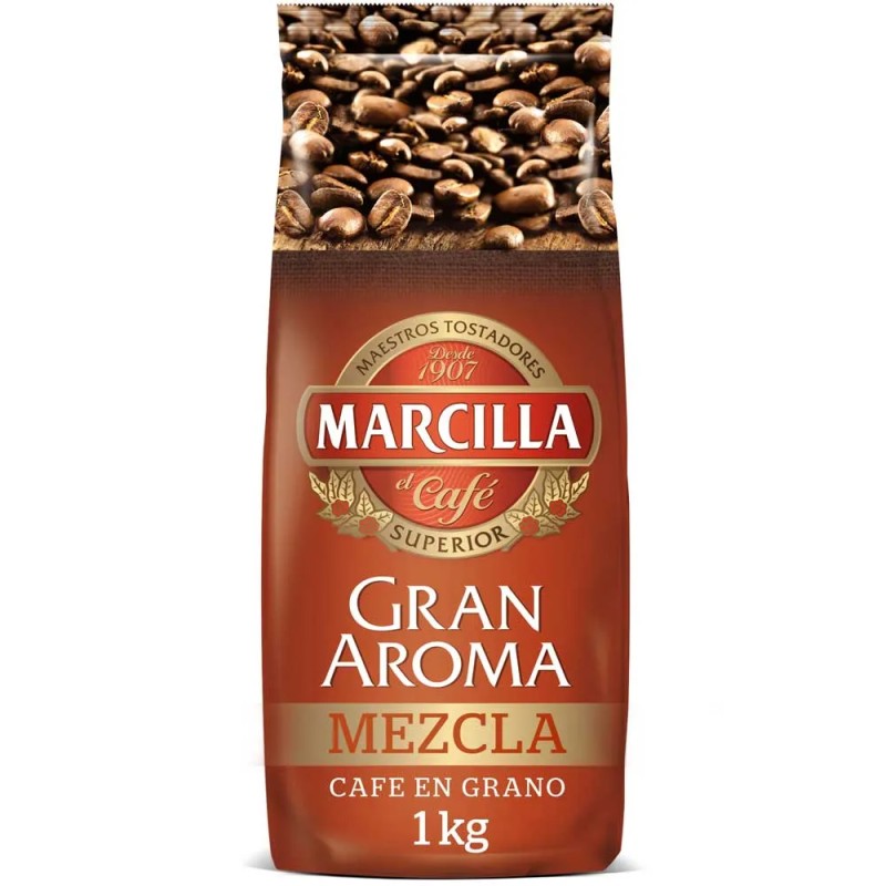 Marcilla Gran Aroma Mezcla, 80% Natural y 20% torrefacto, 1kg de café en grano