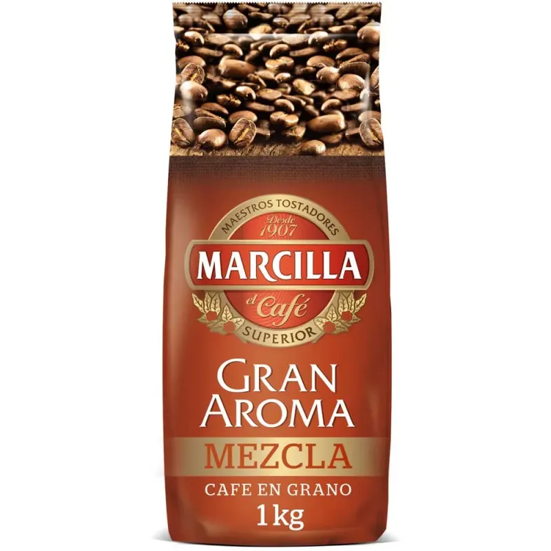 Marcilla Gran Aroma Mezcla, 80% Natural y 20% torrefacto, 1kg de café en grano Marcilla Gran Aroma Mezcla, 80% Natural y 20% torrefacto, 1kg de café en grano