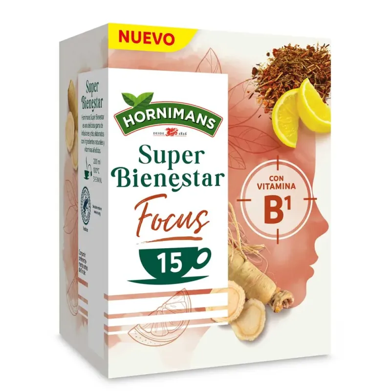 Hornimans Super Bienestar Focus con Rooibos y vitamina B1 15 bolsitas. Hornimans Super Bienestar Focus con Rooibos y vitamina B1 15 bolsitas.