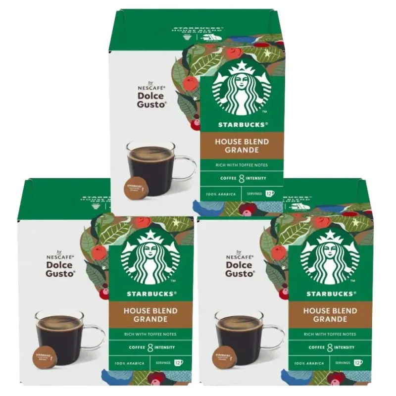 3 cajas de House Blend Grande Starbucks 12 cápsulas Nescafé 3 cajas de House Blend Grande Starbucks 12 cápsulas Nescafé